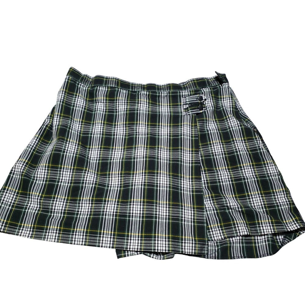 DENNIS JUNIOR Plaid Skirt Women's Green White Yellow Button‎ Detail Schoolgirl